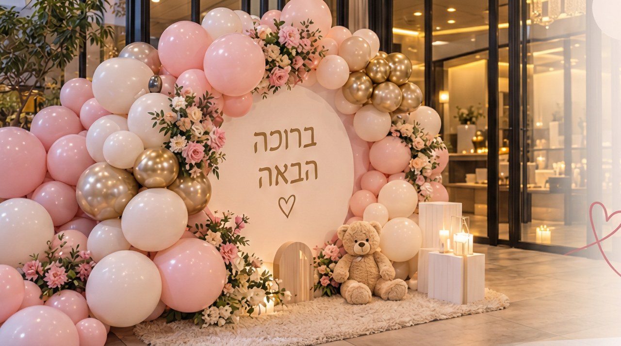 בלונים בוורוד, לבן וזהב סביב שלט ברוכה הבאה, עם פרחים, דובי ונרות